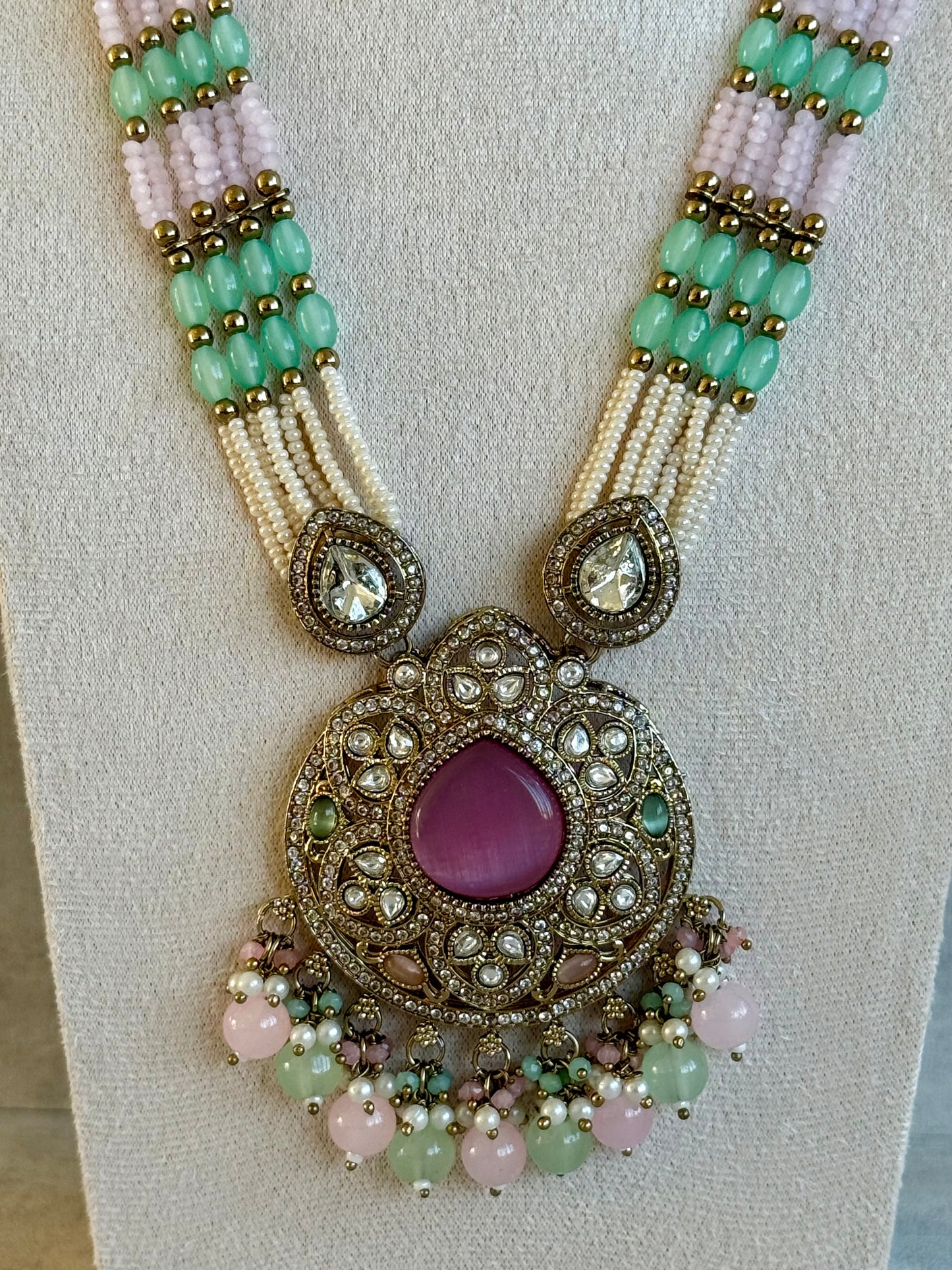 Ayura Designs Brielle Set – Necklace & Jhumkis with Mirror-Cut Stones in Berry Pink, Mint Green & Ivory