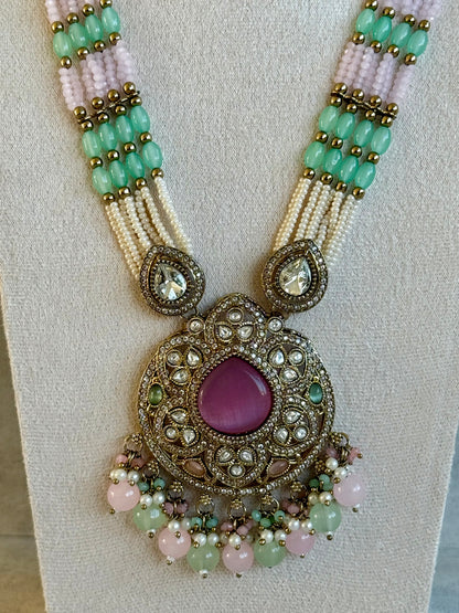 Ayura Designs Brielle Set – Necklace & Jhumkis with Mirror-Cut Stones in Berry Pink, Mint Green & Ivory