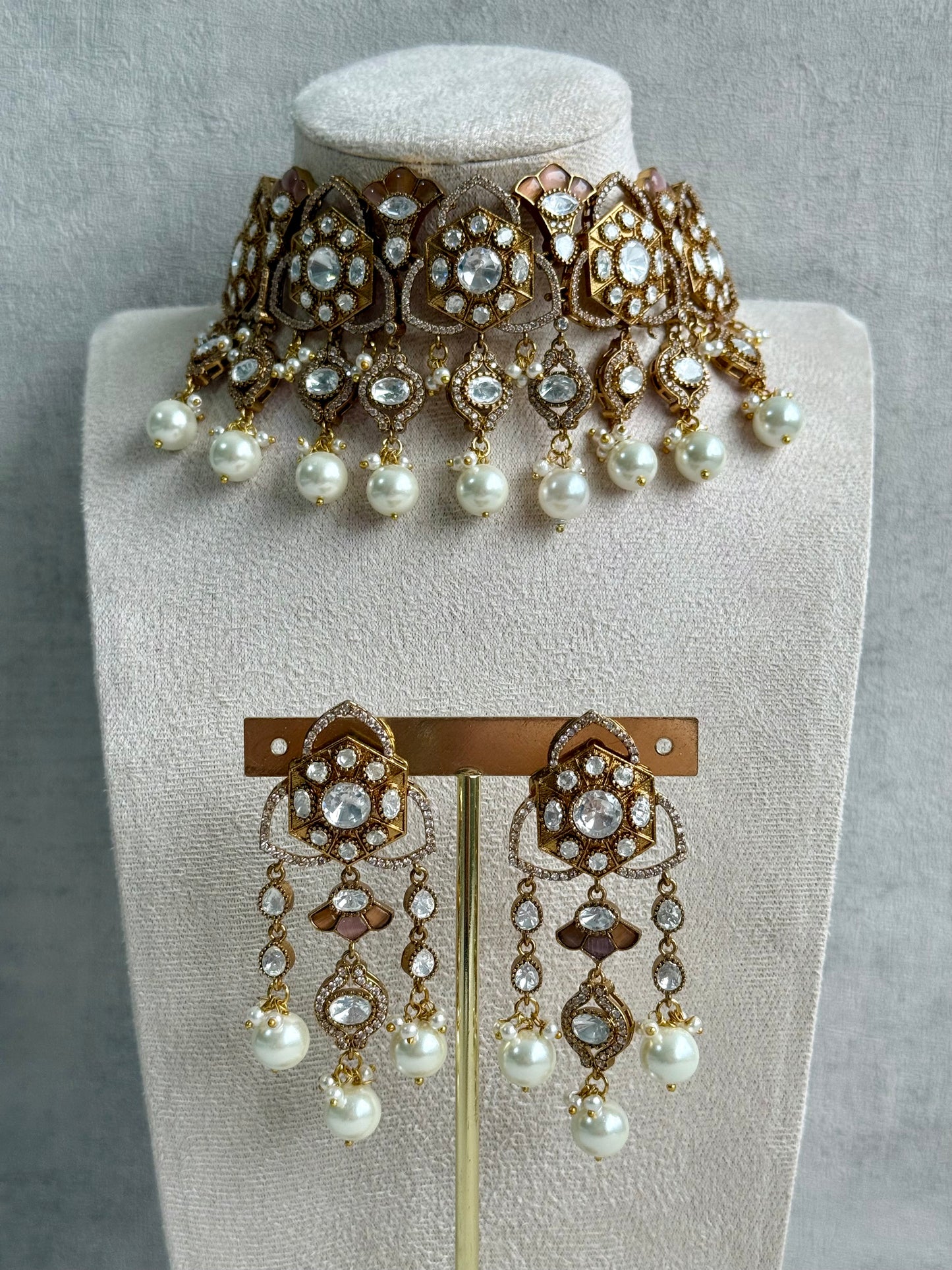 Ayura Designs Serina Choker Set with Earrings – Nude Blush Enamel, Mirror-Cut Stones & Pearl Drops