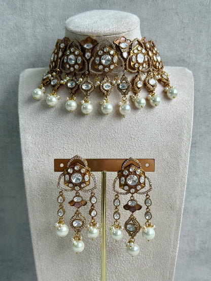 Ayura Designs Serina Choker Set with Earrings – Nude Blush Enamel, Mirror-Cut Stones & Pearl Drops