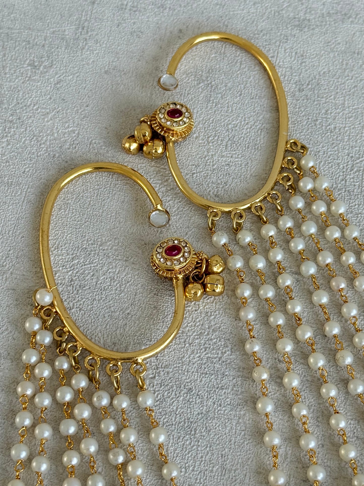 Ayura Designs Nargiza Ear Cuffs – Pearl Tassel Ear Cuffs with Ghungroo Detailing & Ruby Stone Accents