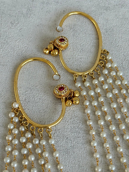 Ayura Designs Nargiza Ear Cuffs – Pearl Tassel Ear Cuffs with Ghungroo Detailing & Ruby Stone Accents