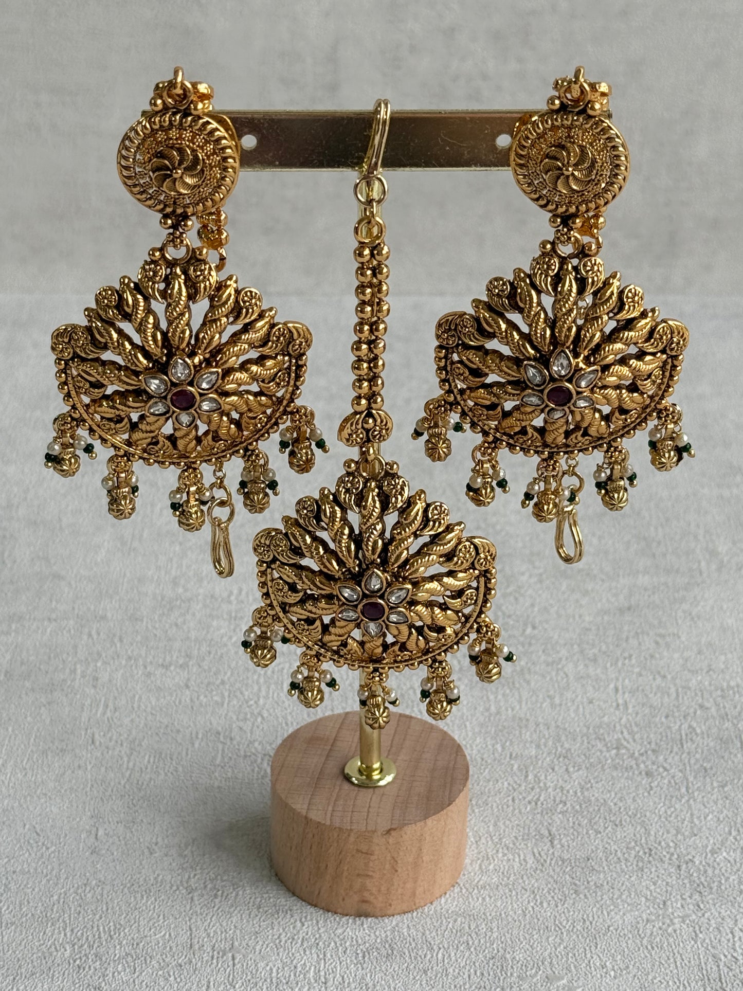 Ayura Designs Survi Tikka Set with Sahare Earrings – Antique Gold with Kundan, Pink Stones, Ivory & Green Beads