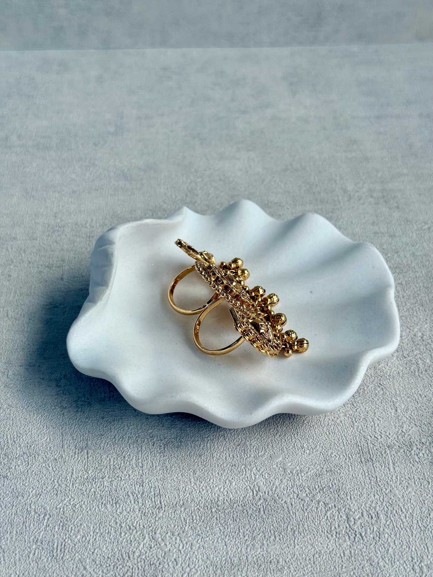 Ayura Designs Nira Adjustable Ring – Jadau-Inspired Elephant Motifs with Rani Pink Stones, Pearl Drops & Ghungroos