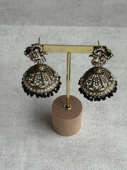 Ayura Designs Mayurika Jhumkis – Antique Gold Jhumkis with Crystal Stones, Black Beads & Peacock Motif
