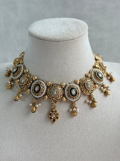 Ayura Designs Livia Necklace Set with Earrings – Green Enamel, Kundan & Pearl Detailing in Antique Gold Finish