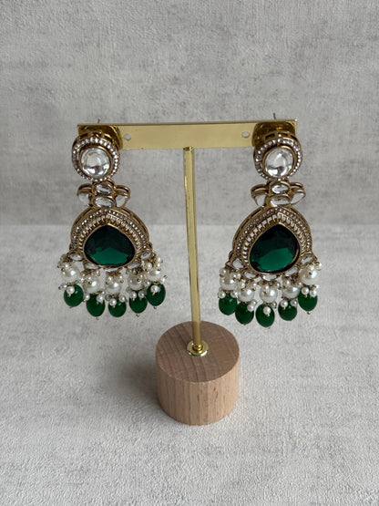 Ayura Designs Nageen Earrings – Antique Gold Jhumkis with Emerald Green Stones, Mirror-Cut Accents & Pearl Drops