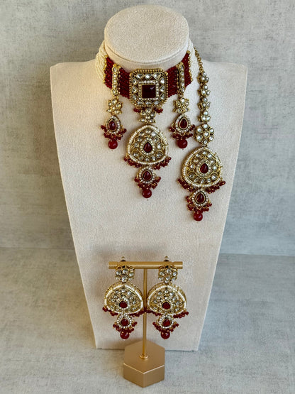 Ayura Designs Zarmeen Choker Set with Earrings & Tikka – Mirror-Cut Stones, Antique Gold Finish and Ruby Red Beads