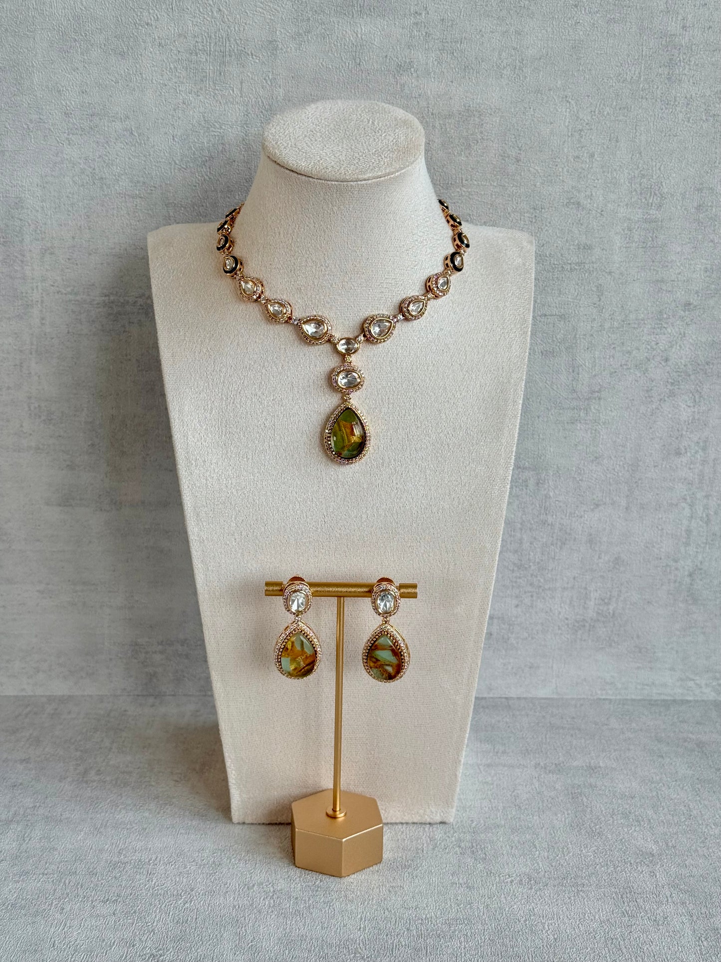 Ayura Designs Lilly Necklace Set with Earrings – Moissanite Stones with Marble Green Teardrop Pendant & Crystal Detailing