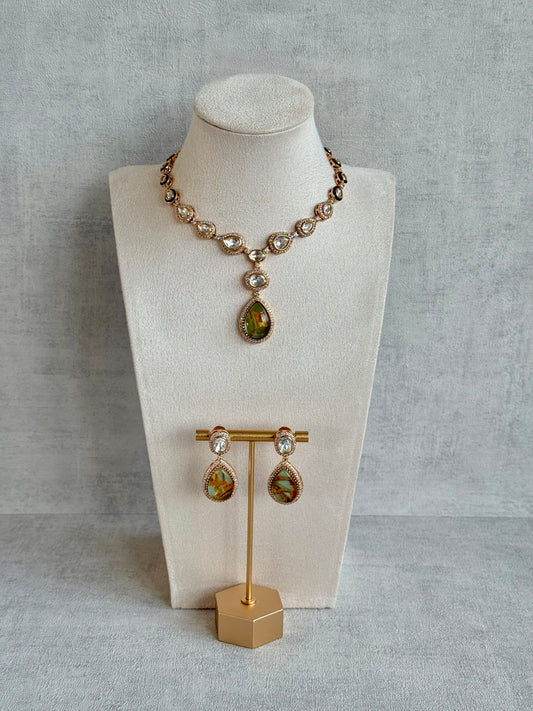 Ayura Designs Lilly Necklace Set with Earrings – Moissanite Stones with Marble Green Teardrop Pendant & Crystal Detailing