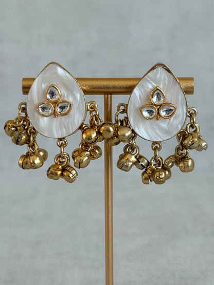 Ayura Designs Aykai Earrings – White Carved Teardrop Stud Earrings with Clear Kundan Stones and Gold Ghungroo Drops