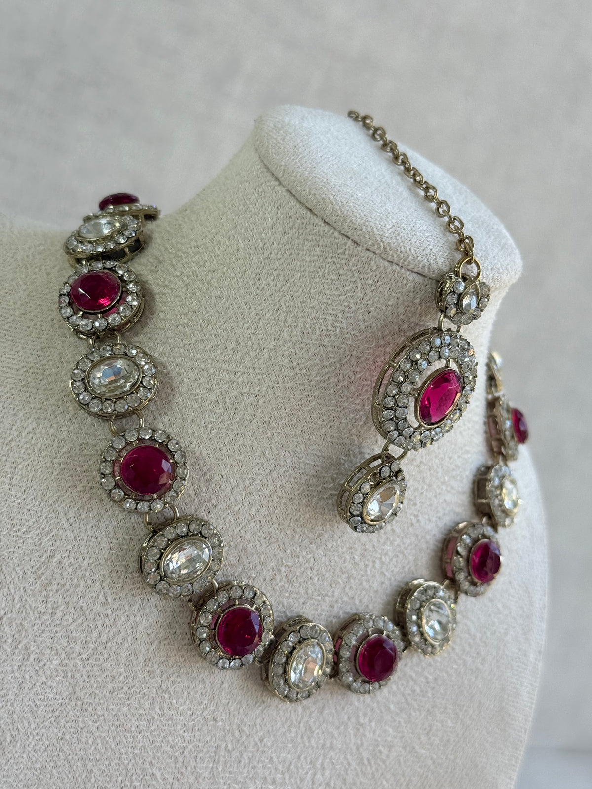 Ayura Designs Eira Necklace Set with Earrings & Tikka – Rani Pink & Crystal Stones with Antique Gold Finish