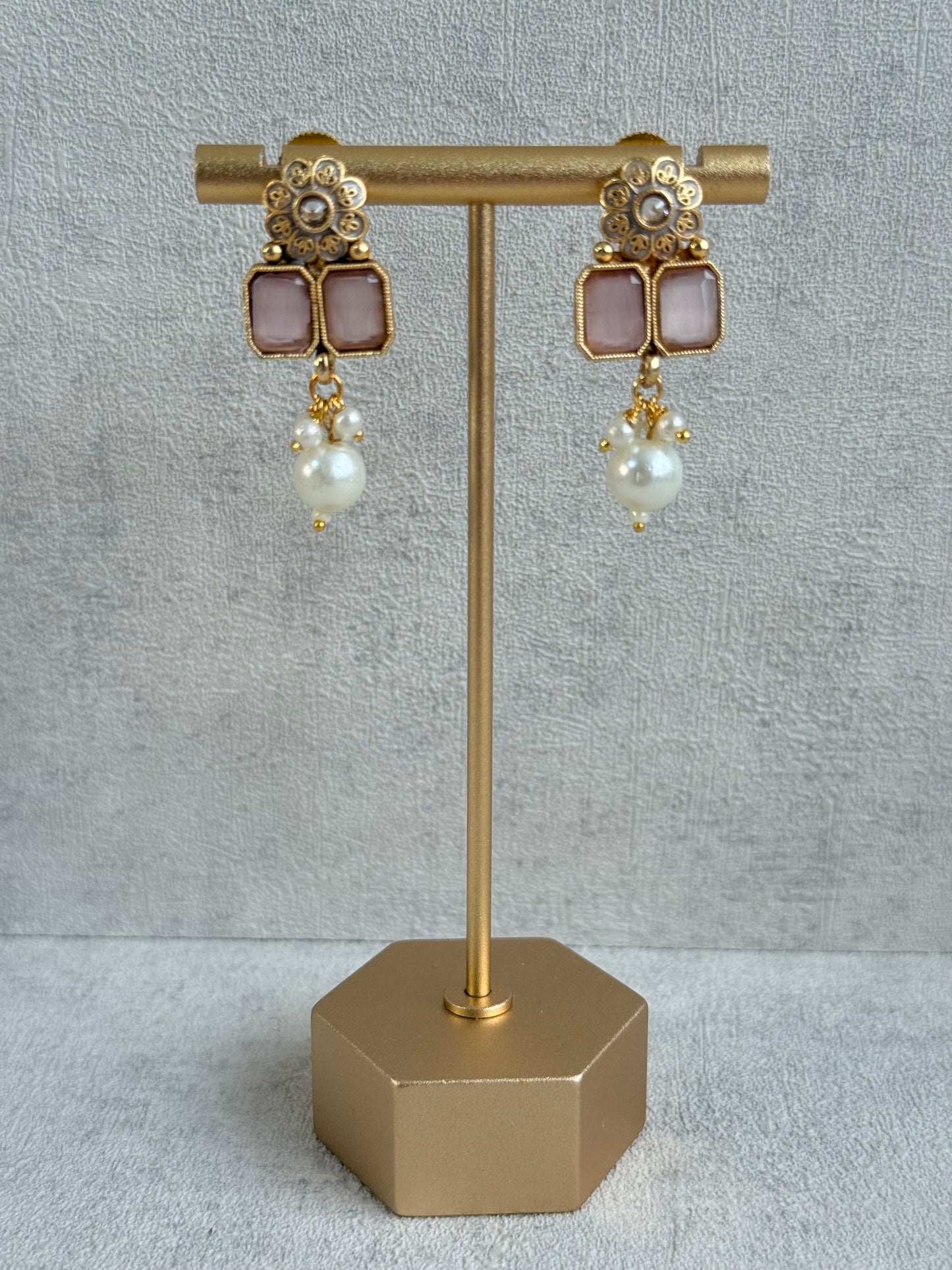 Ayura Designs Padma Necklace Set with Earrings – Blush Pink & Mint Green Stones with Pearl Drop Detailing
