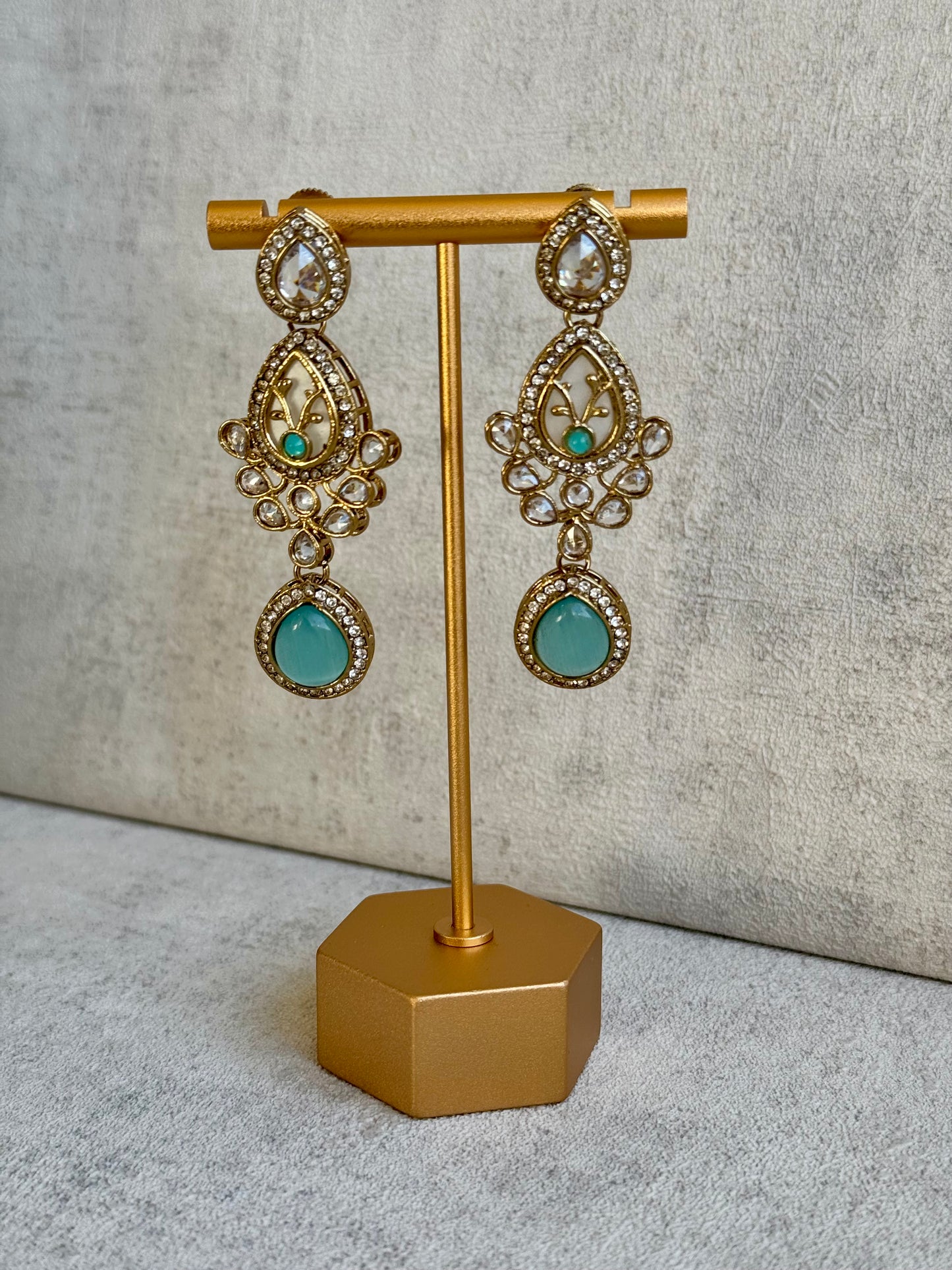 Ayura Designs Ayaani Long Necklace/Haar Set — Exquisite Turquoise and Gold Ensemble with Earrings & Tikka