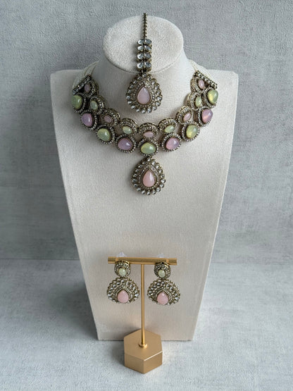 Ayura Designs Tamara Set with Necklace, Earrings & Tikka – Blush Pink & Pistachio Green Stones with Kundan Detailing in Antique Gold Finish