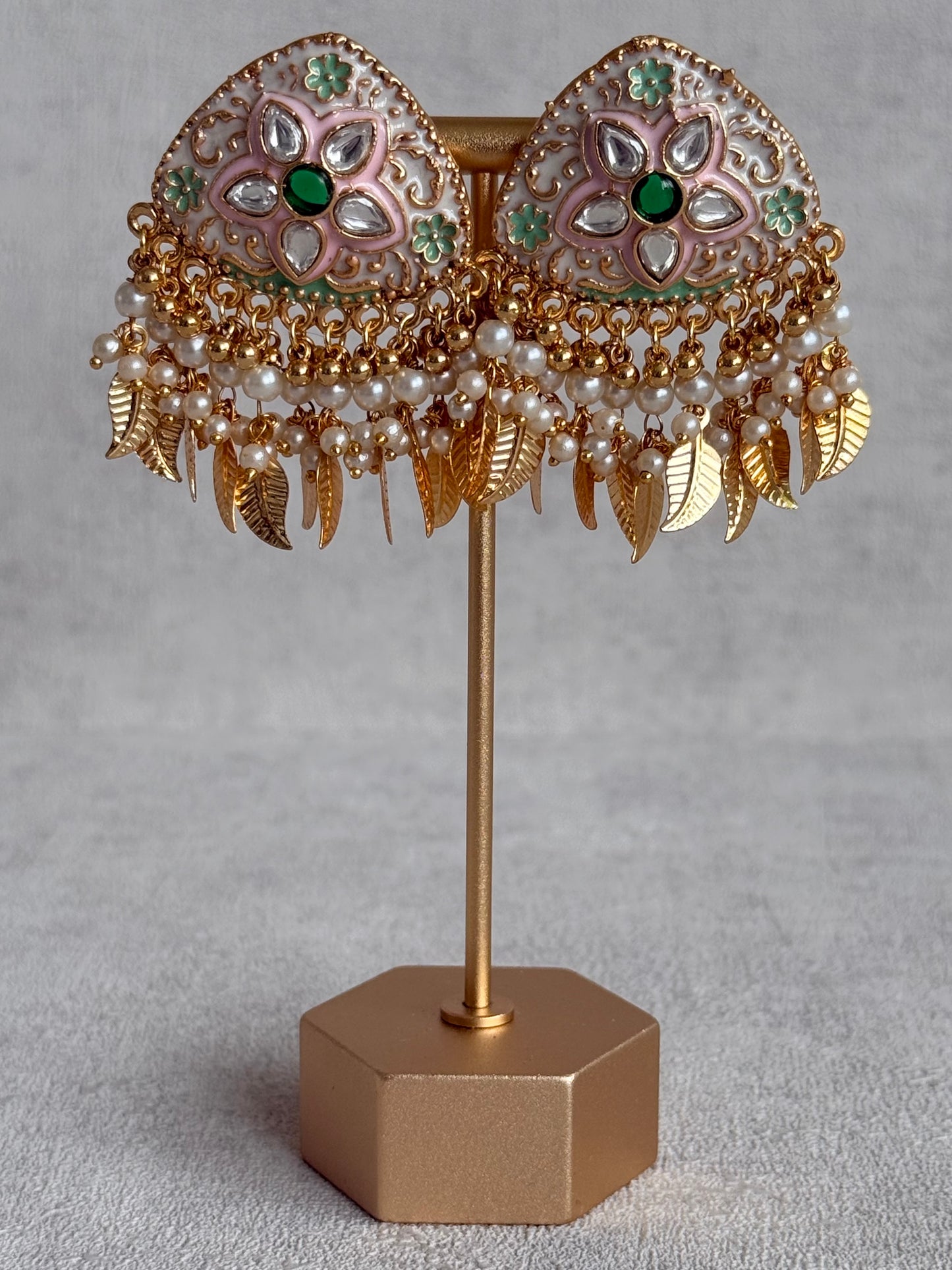 Ayura Designs Rozina Earrings – Floral Meenakari Earrings with Emerald Green Centre Stone, Pearl Clusters & Gold Leaf Charms