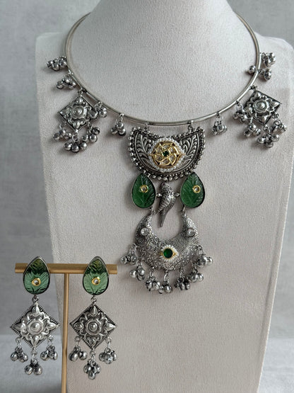 Ayura Designs Jiyana Collar Necklace Set – Leaf Green Carved Teardrop Stones & Oxidised Silver Finish