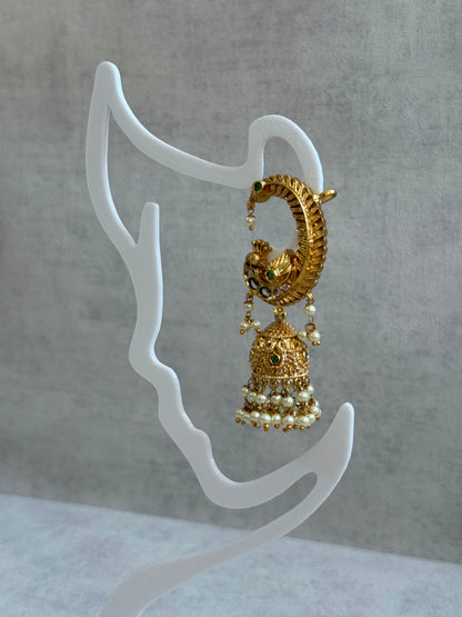 Ayura Designs Mythili Jhumkis – Half Ear Cuffs in Antique Gold with Peacock Design, Emerald Green Stones and Pearl Drops