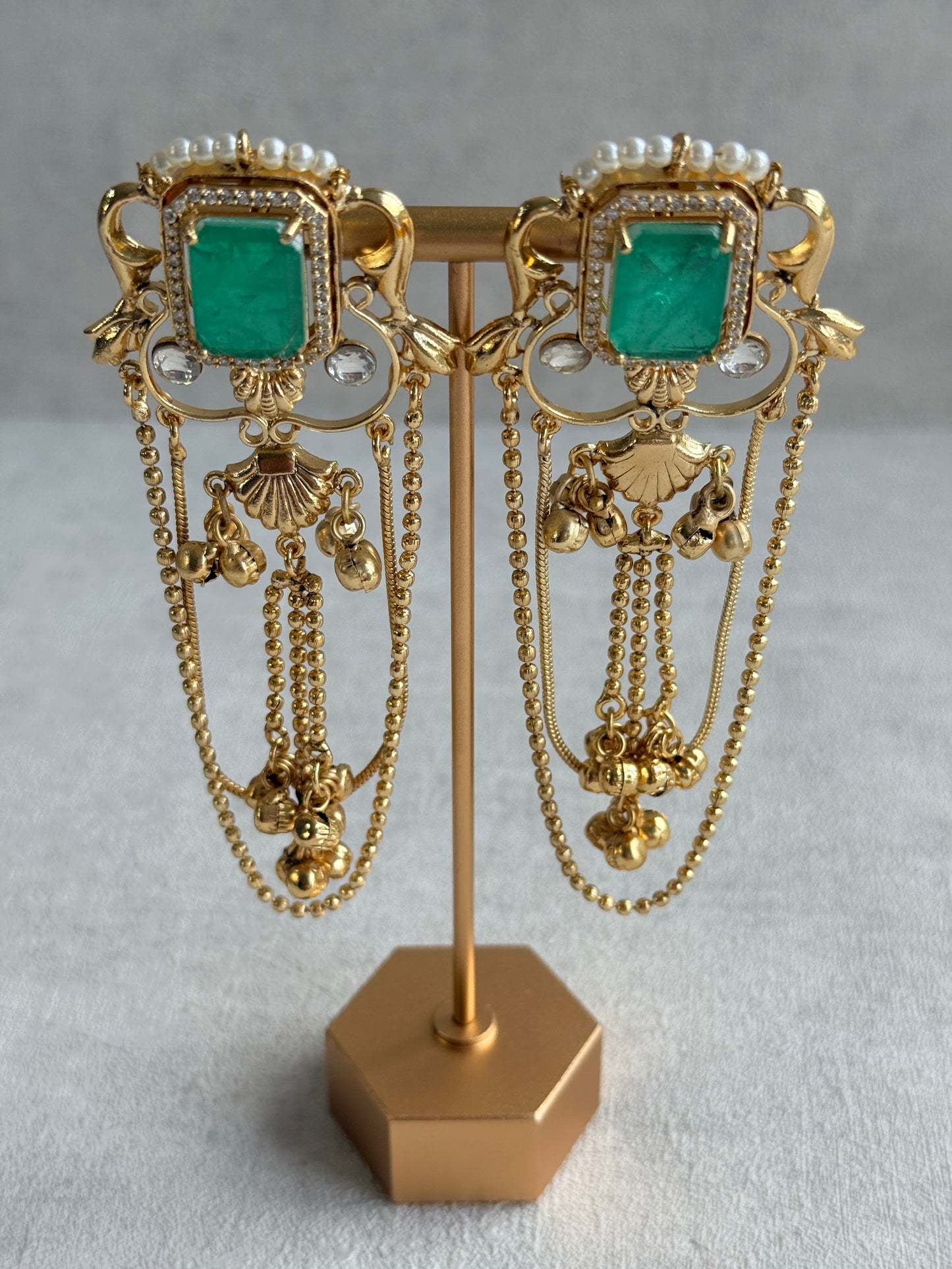 Ayura Designs Jaid Earrings – Jade Green Floral Motif with Layered Chains & Ghungroos