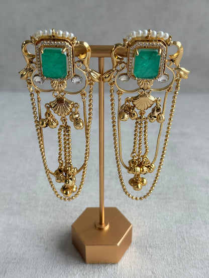 Ayura Designs Jaid Earrings – Jade Green Floral Motif with Layered Chains & Ghungroos