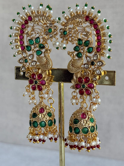 Ayura Designs Nitya Kaanphool Jhumkis – Gold Half Ear Cuff Earrings, Peacock Motifs, Pink & Emerald Green Kundan, Pearl Drops & Sahare