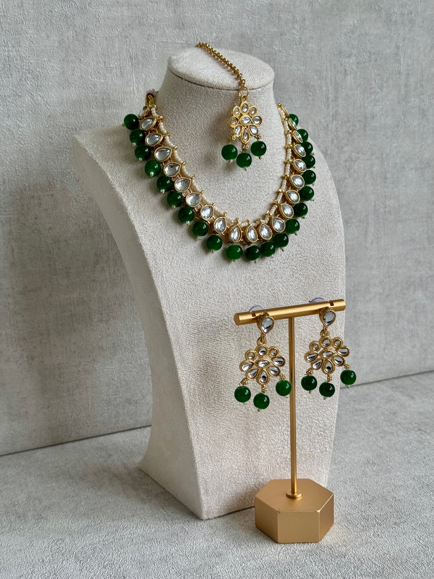 Ayura Designs Dalia Set with Earrings & Tikka – Emerald Green with Kundan & Floral Motifs