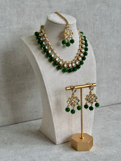 Ayura Designs Dalia Set with Earrings & Tikka – Emerald Green with Kundan & Floral Motifs