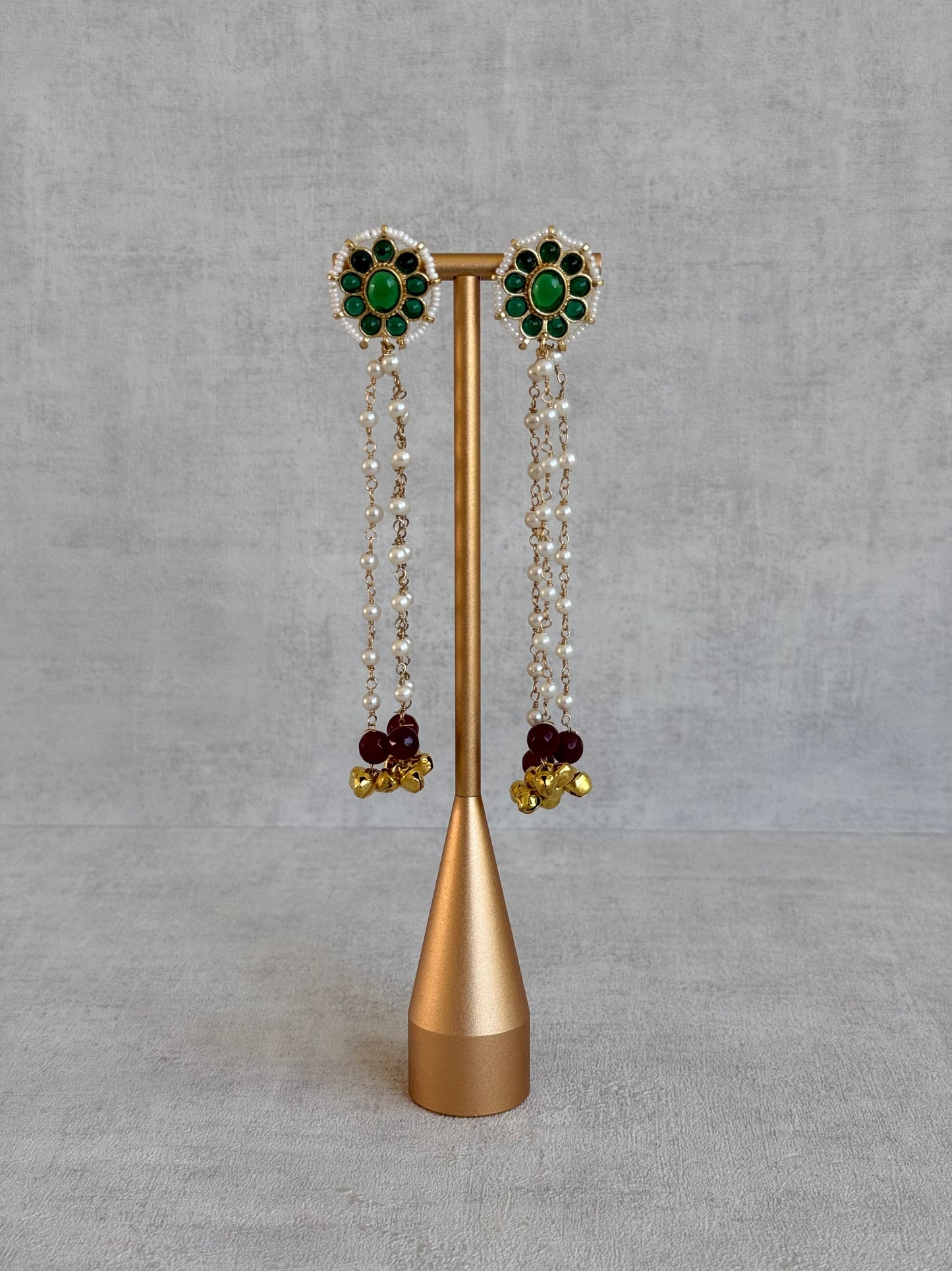 Ayura Designs Noorzar Earrings – Duster Earrings with Emerald Green Stones, Ruby Red Beads & Pearl Chains