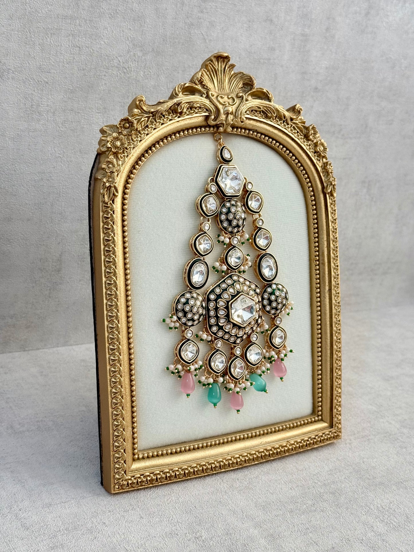 Ayura Designs Visha Jhoomar Passa – Polki Kundan with Blush Pink & Aqua Blue Drops and Pearl Detailing