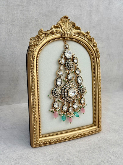 Ayura Designs Visha Jhoomar Passa – Polki Kundan with Blush Pink & Aqua Blue Drops and Pearl Detailing