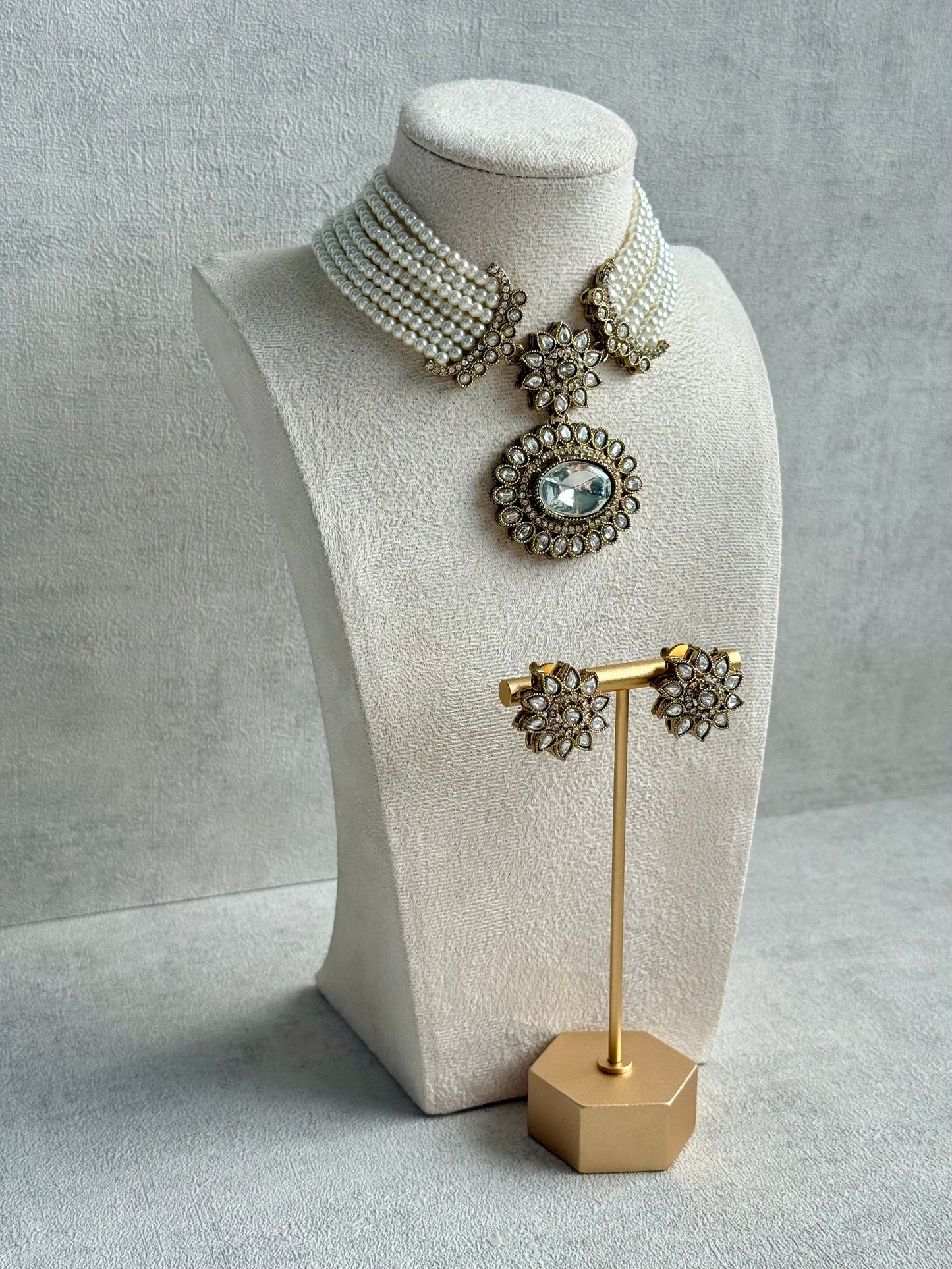 Ayura Designs Amaya Necklace Set with Studs – Antique Finish in Crystal Stones with Pearl Strands