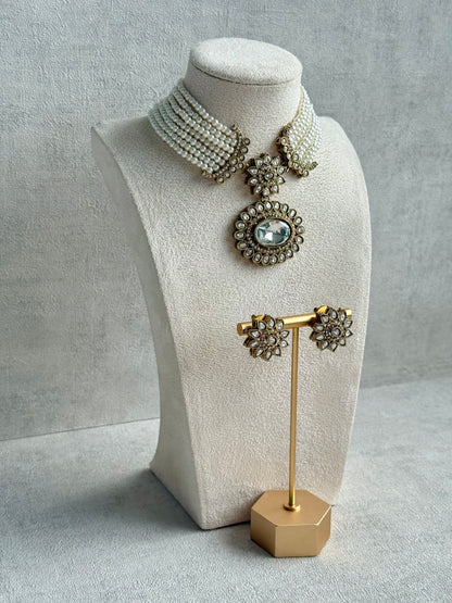 Ayura Designs Amaya Necklace Set with Studs – Antique Finish in Crystal Stones with Pearl Strands