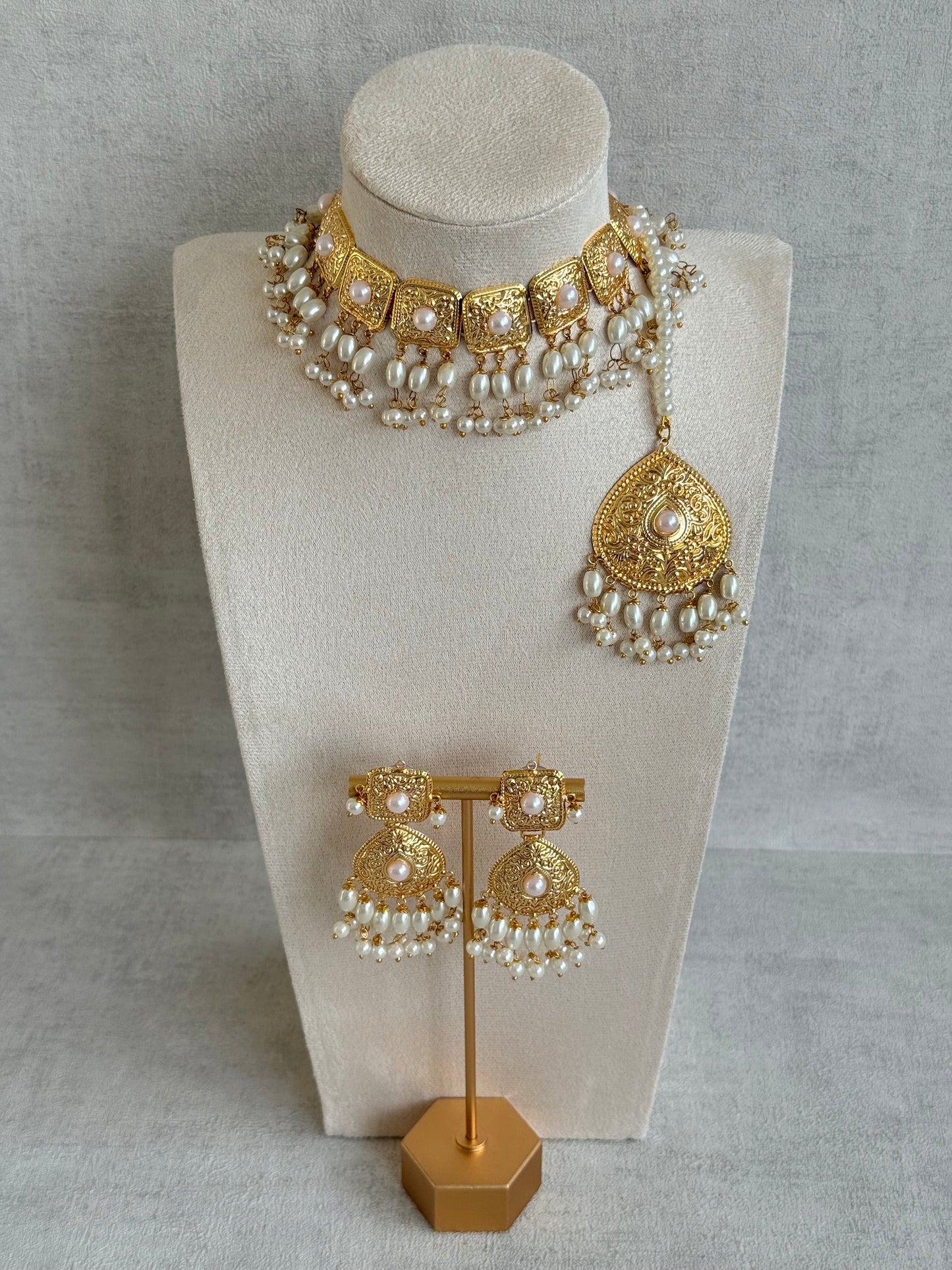 Ayura Designs Chetna Choker Set with Earrings & Tikka – Ivory Pearl Beads & Pearl Drops with Pipal Patti Detailing