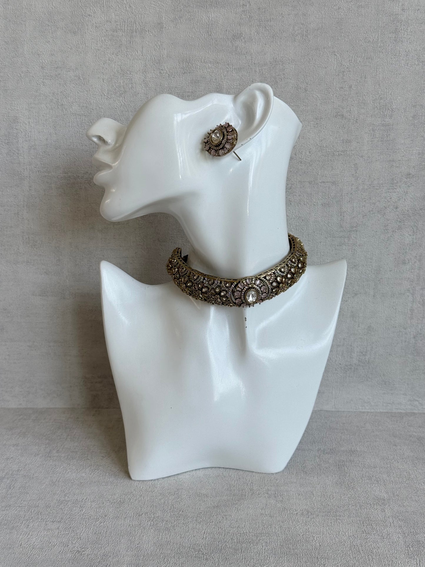 Ayura Designs Genevieve Choker Set with Studs – Blush Pink Crystal Kundan in Antique Gold
