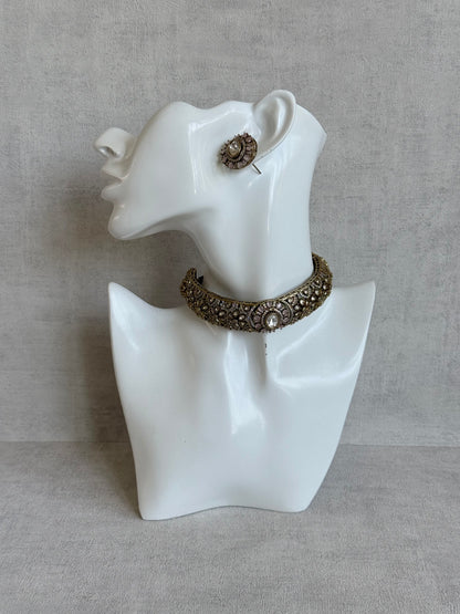 Ayura Designs Genevieve Choker Set with Studs – Blush Pink Crystal Kundan in Antique Gold