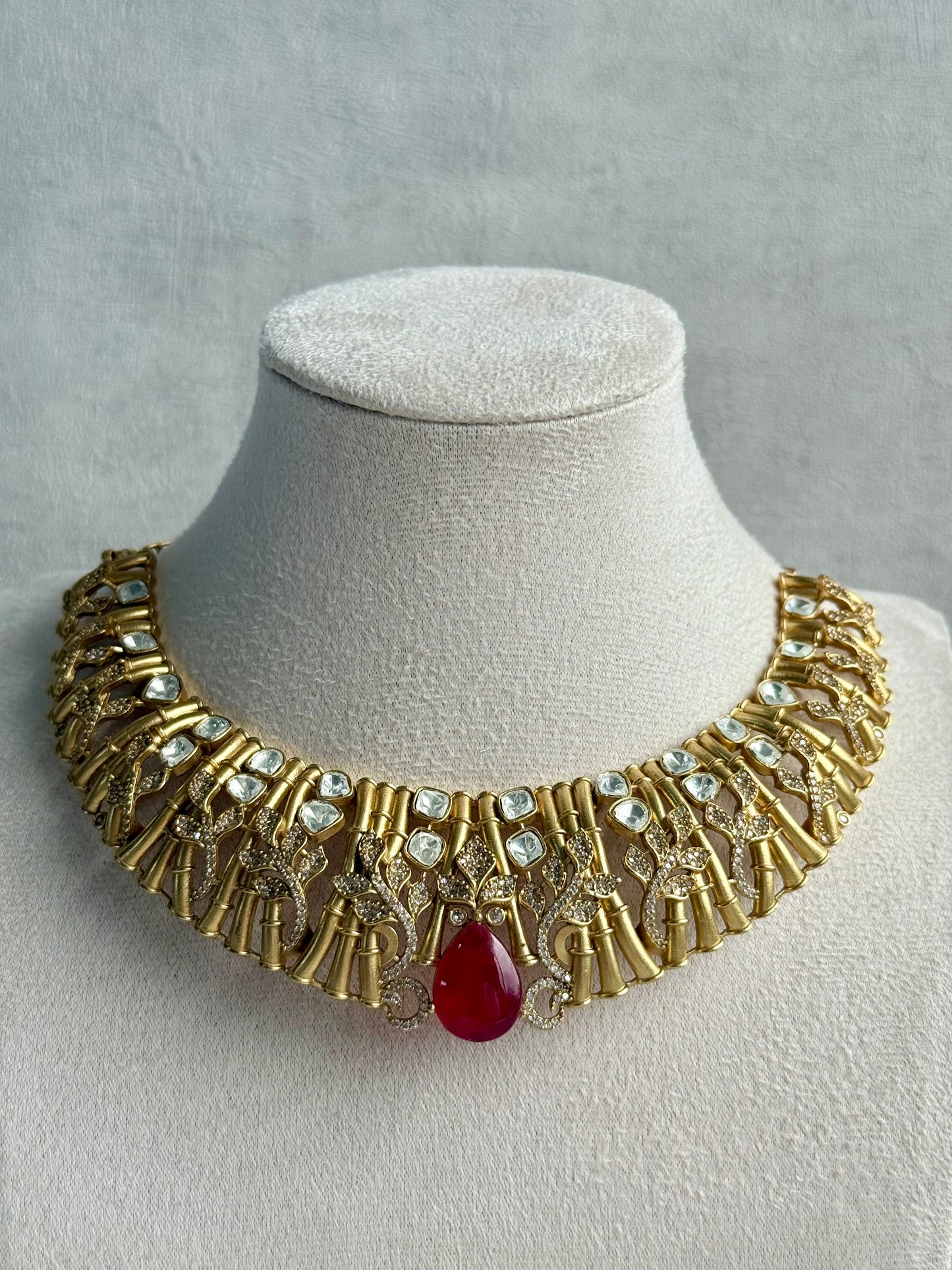 Ayura Designs Rami Collar Set with Jhumkis – Sculpted Gold Collar with Ruby Red Stone and Crystal Detailing