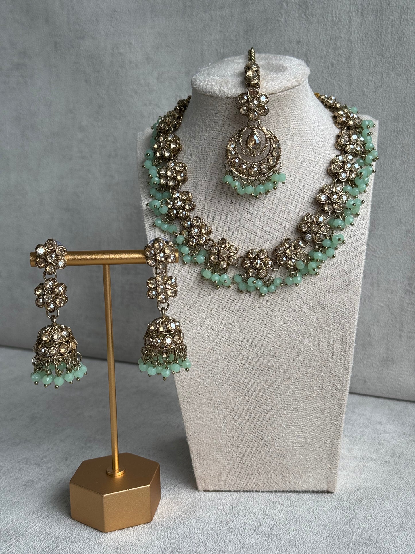 Ayura Designs Asima Set with Jhumkis & Tikka - Champagne Stones & Teal Beads