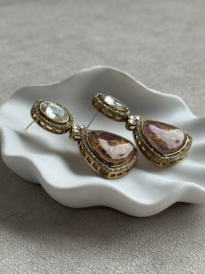 Ayura Designs Florence Earrings – mirror cut studs with Berry Pink Marble Resin & Crystal Borders