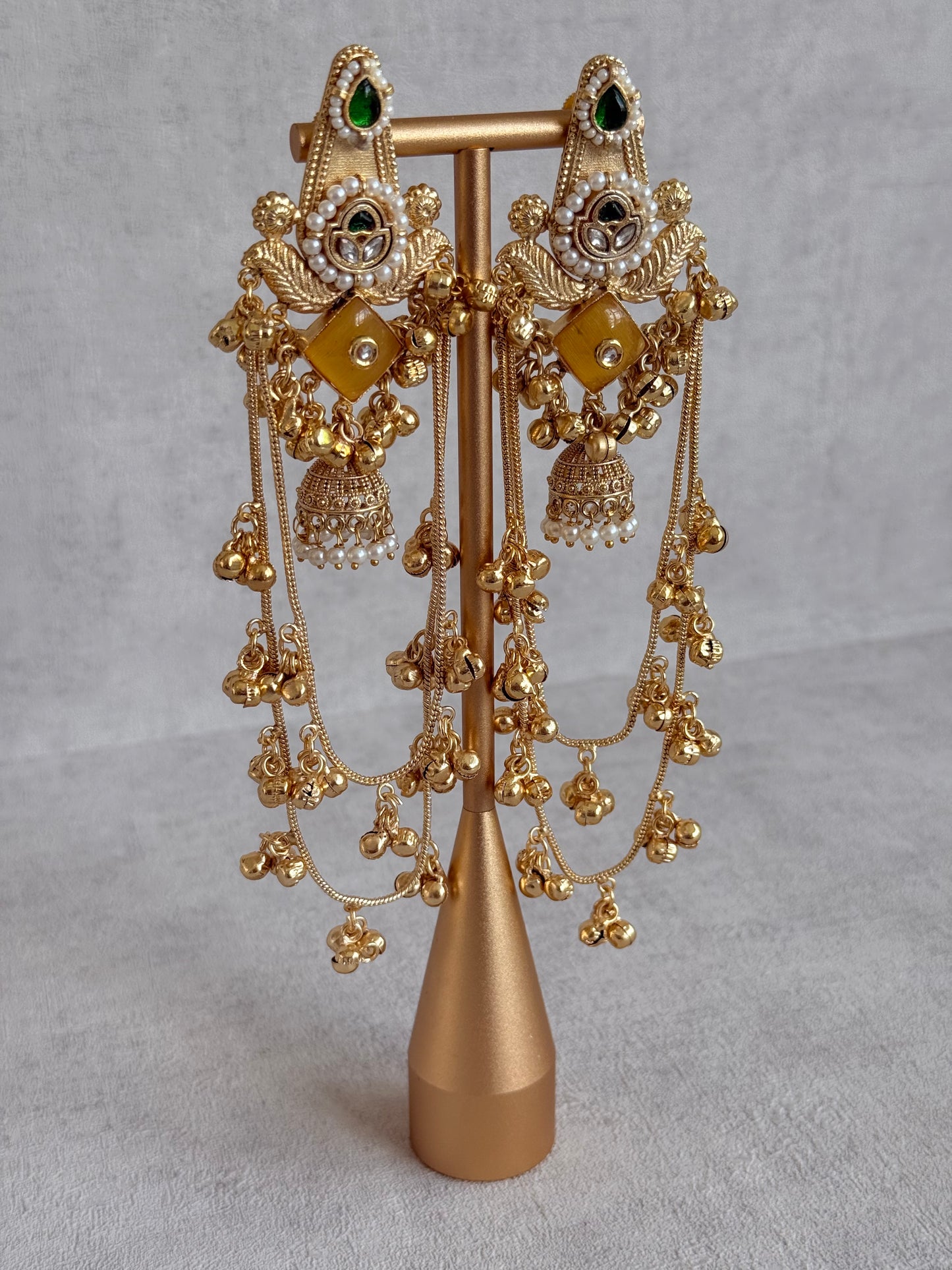 Ayura Designs Simal Earrings – Kashmiri Earrings with Amber Stone, Multicoloured Detailing, Layered Ghungroo Chains & Jhumkis