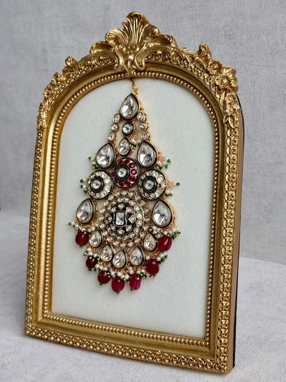 Ayura Designs Suhana Jhoomar Passa – Kundan Jhoomar with Ruby Red Drops, Pearl Detailing & Green Bead Accents