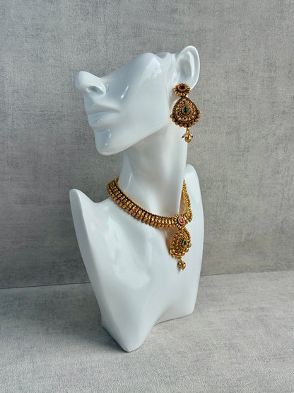 Ayura Designs Ayma Necklace Set with Earrings – Antique Gold Finish with Ruby Pink, Emerald Green & Crystal Detailing