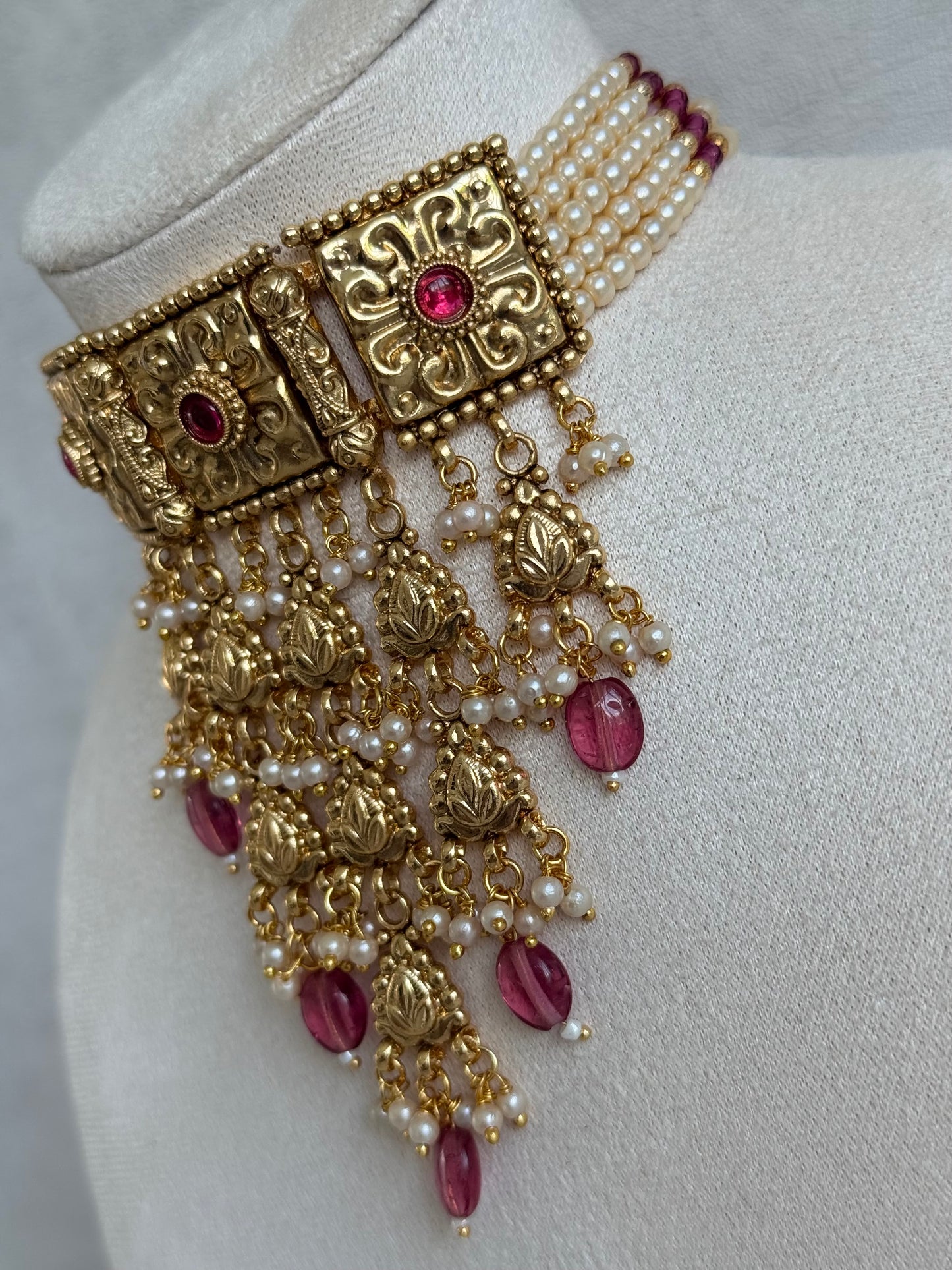 Ayura Designs Nimrah Choker Set with Earrings & Tikka – Ruby Pink Gold Tone Waterfall Jewellery Set