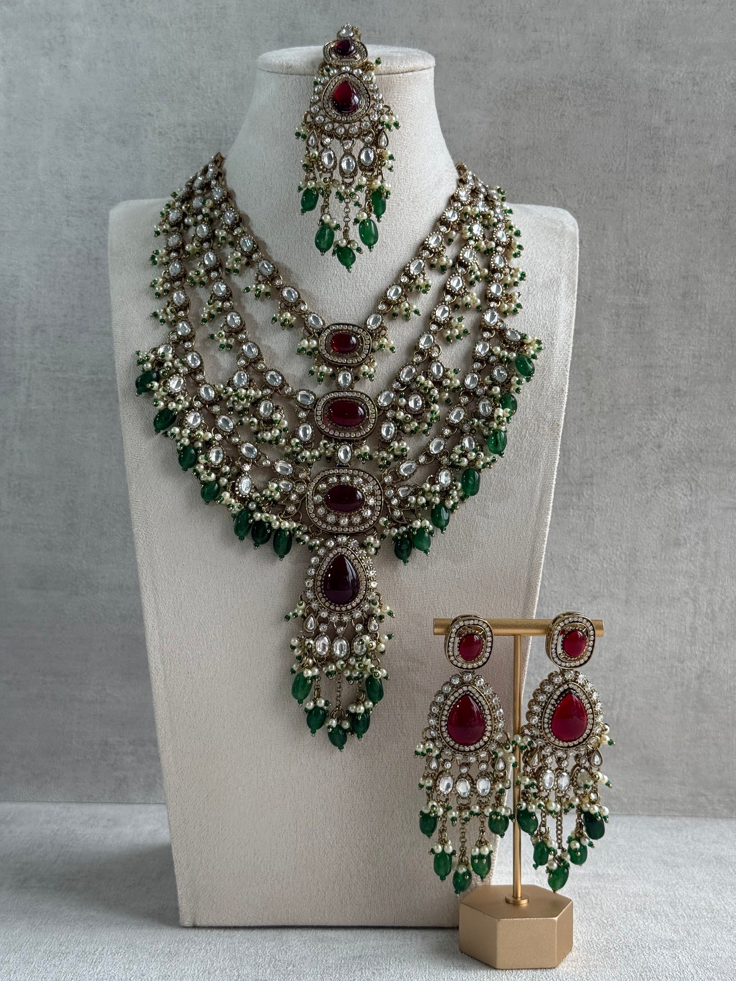 Ayura Designs Sahra Bridal Set with Earrings & Tikka – Ruby Red, Emerald Green, Kundan Stones & Pearls in Antique Gold Finish