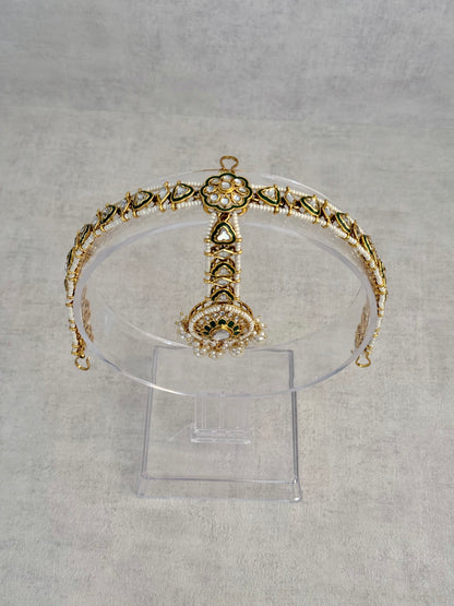 Ayura Designs Kassu Tikka Sheeshphool – Kundan & Green Enamel Headpiece with Pearl Drops