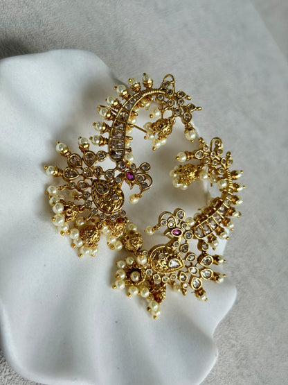 Ayura Designs Megha Half Ear Cuff Earrings – Gold Peacock Motif with Kundan Crystals, Pink Stone Accents & Pearl Jhumka Drops