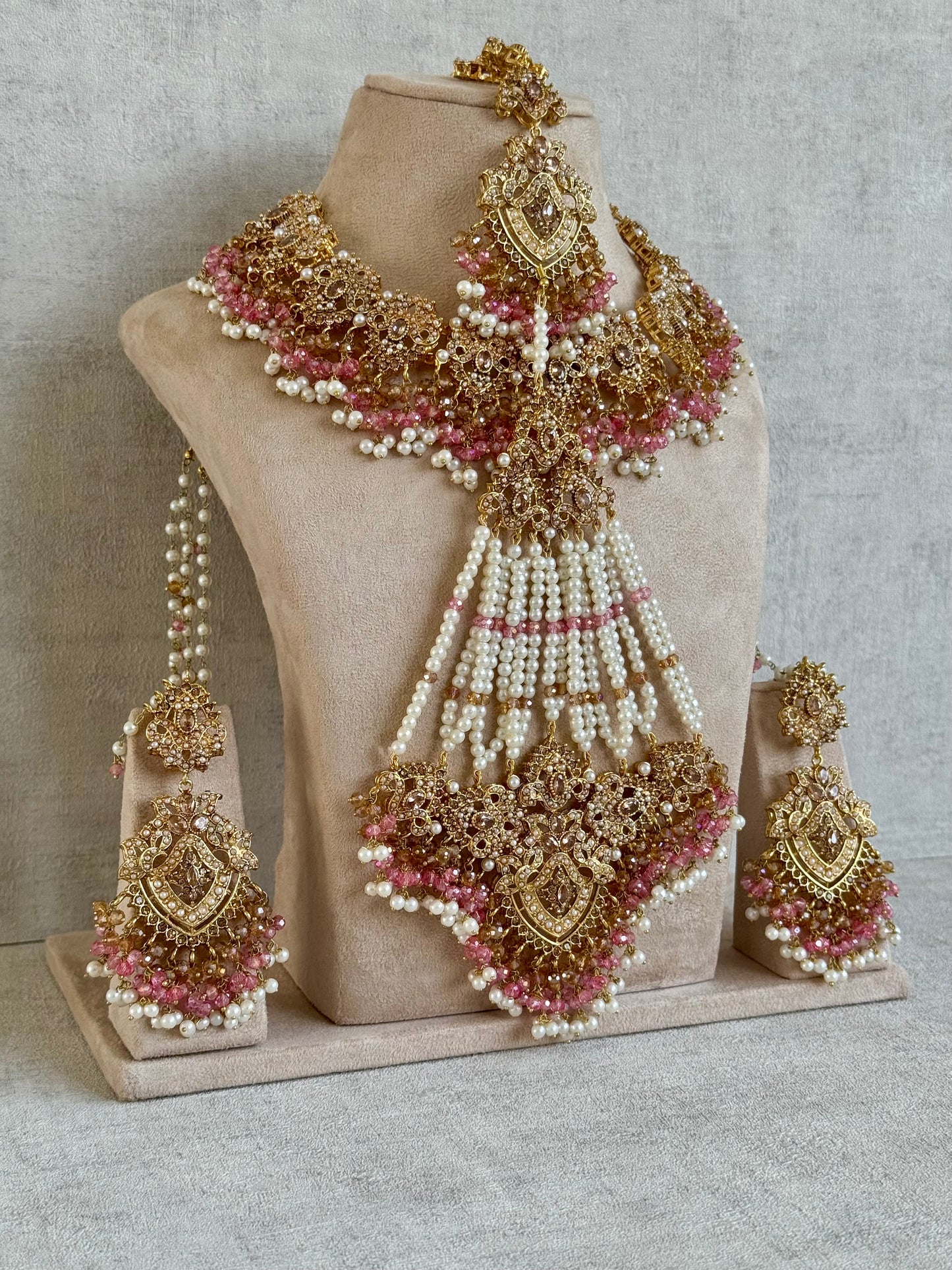 Ayura Designs Faryal Bridal Set with Necklace, Earrings, Tikka & Jhoomar – Antique Gold, Pearl & Blush Pink Detailing
