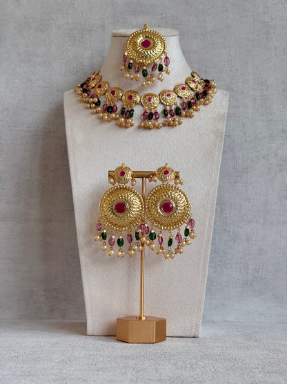 Ayura Designs Jyoti Set with Earrings & Tikka – Gold Disc Necklace with Ruby Pink, Emerald Green & Pearl Detailing
