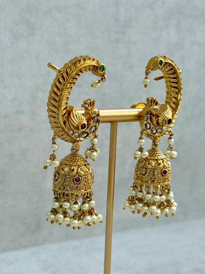 Ayura Designs Mythili Jhumkis – Half Ear Cuffs in Antique Gold with Peacock Design, Pink & Emerald Green Stones and Pearl Drops