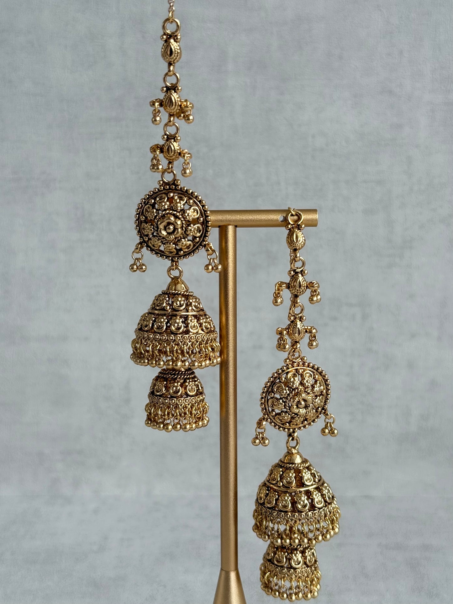 Ayura Designs Chhavi Sahare Jhumkis – Antique Gold Finish with Double Dome Design