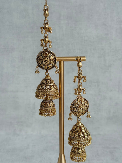 Ayura Designs Chhavi Sahare Jhumkis – Antique Gold Finish with Double Dome Design